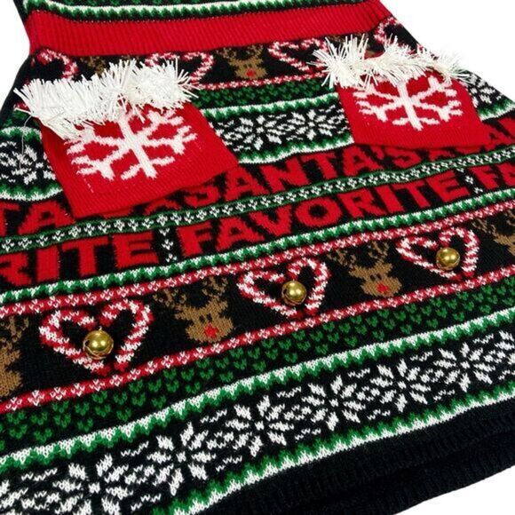 Santa's Favorite Embellished Christmas Holiday Sweater Dress Sz M Black Red Mini - Picture 5 of 16